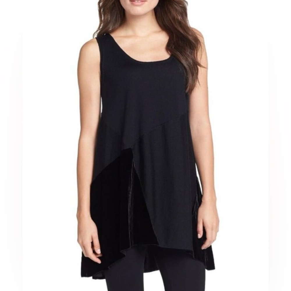 Eileen Fisher Black Merino Wool Knit Tunic Tank Top Silk Velvet Asymmetrical